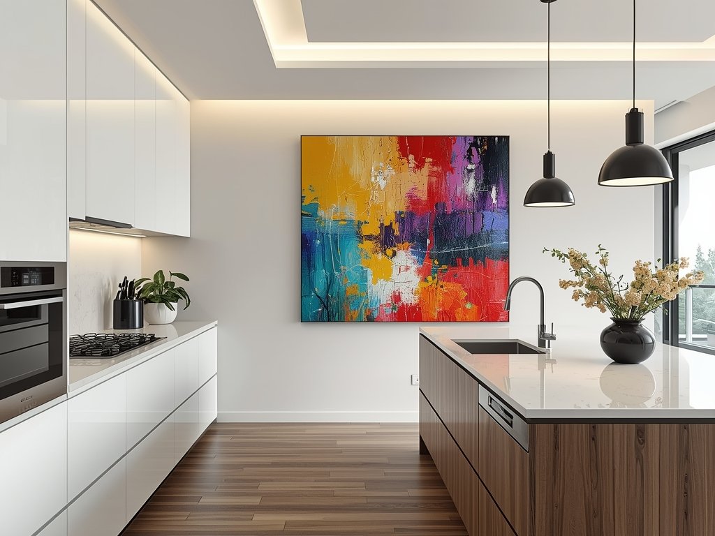 A modern kitchen with sleek, white cabinets and a large,