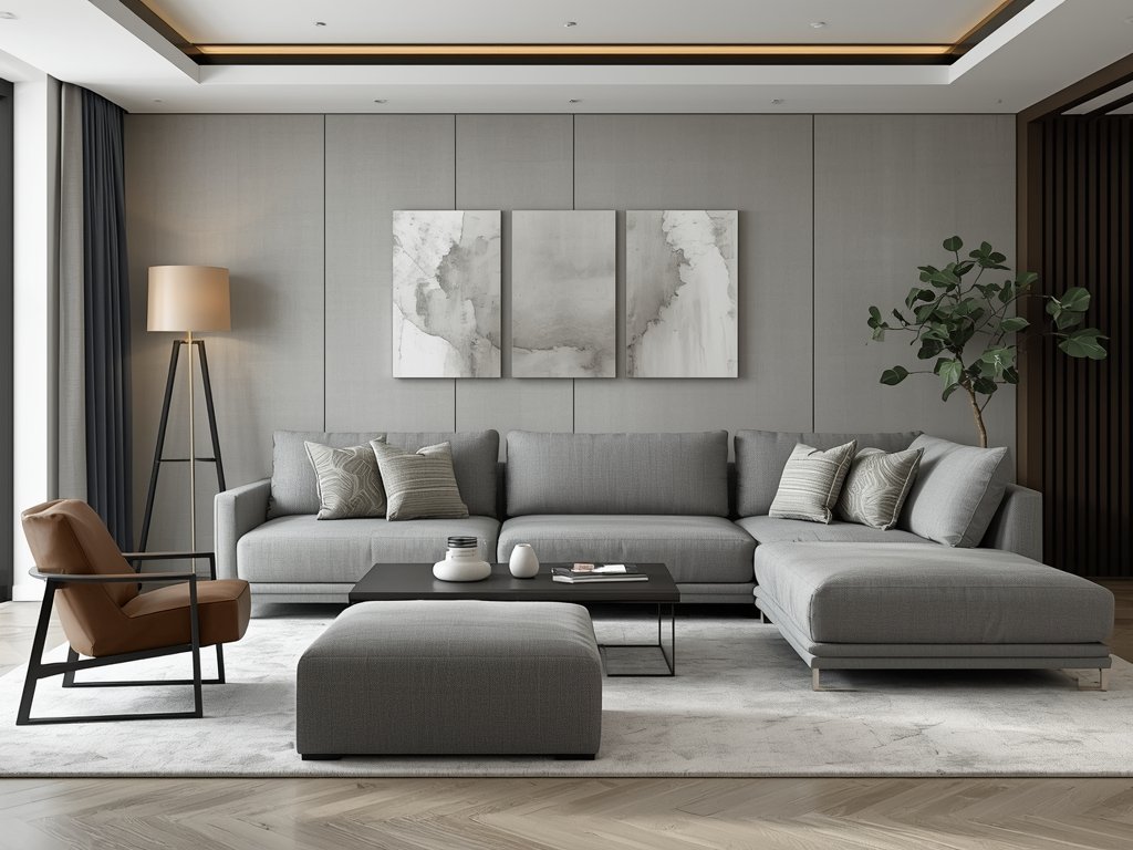 A modern living room featuring a modular sectional sofa in