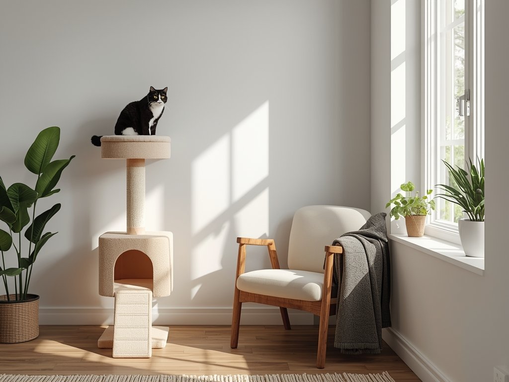 A modern living room with a cat tree, a soft