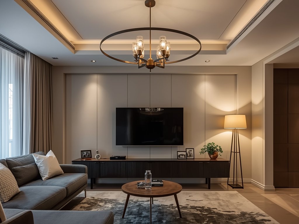 A modern living room with layered lighting, featuring a statement