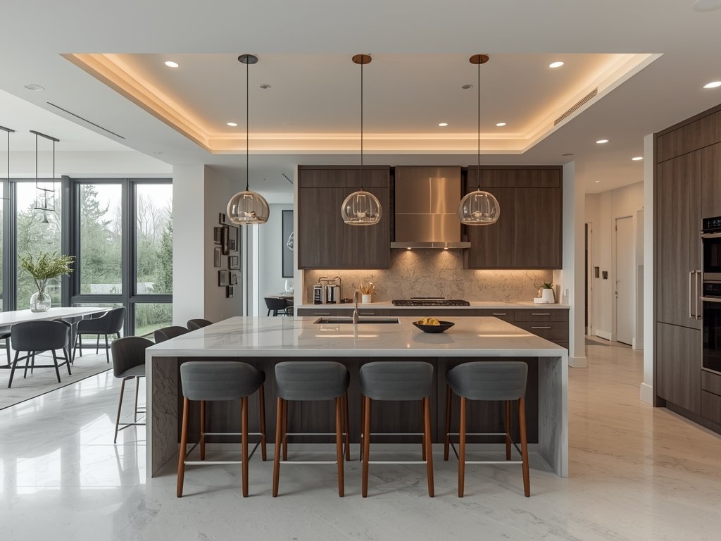 A modern open kitchen with a large island, sleek cabinetry,