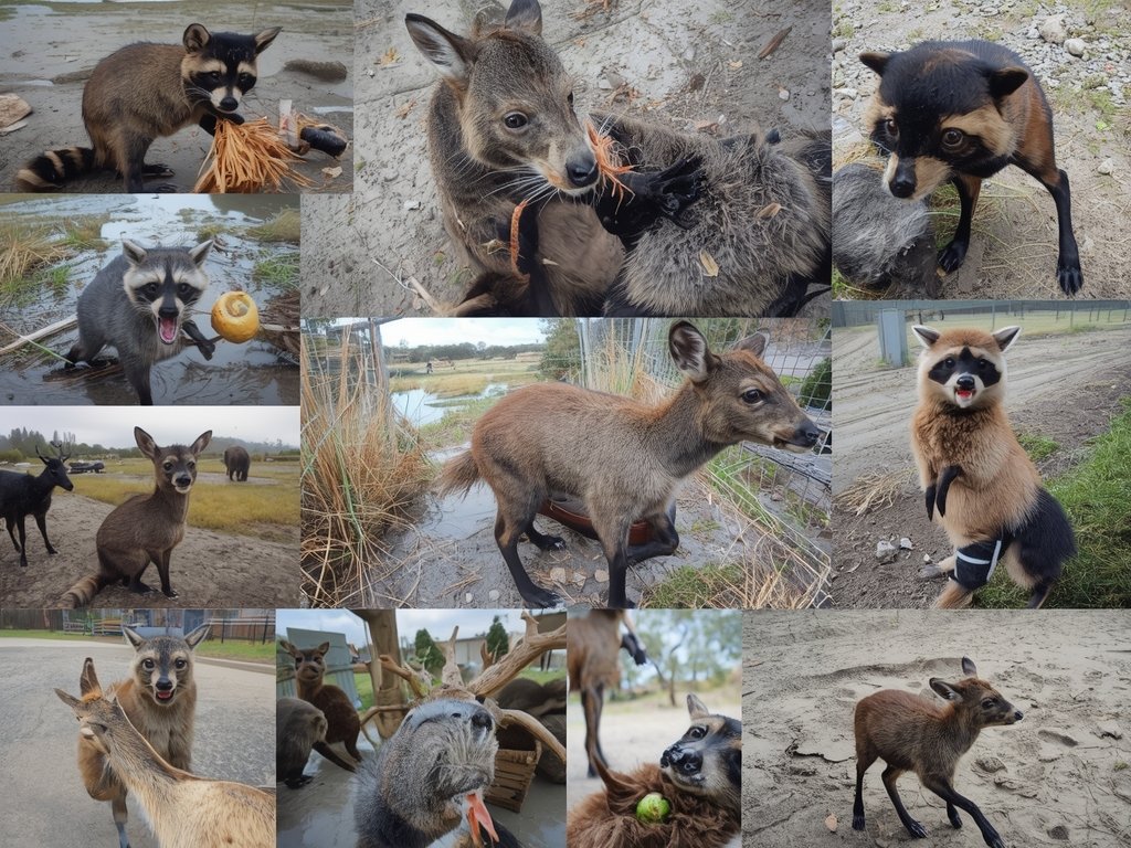 A montage of drone footage showing various wild animals in