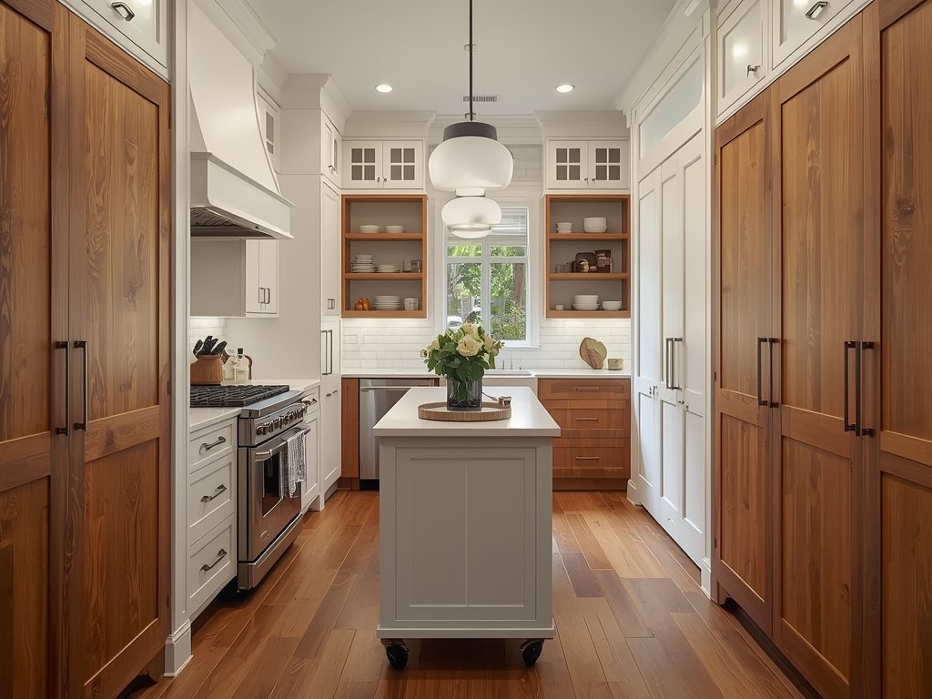 A narrow kitchen with floor-to-ceiling cabinets and pull-out pantry shelves.