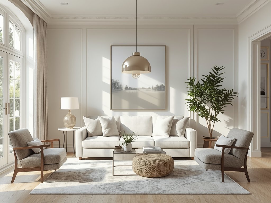 A neutral living room illuminated by a combination of natural