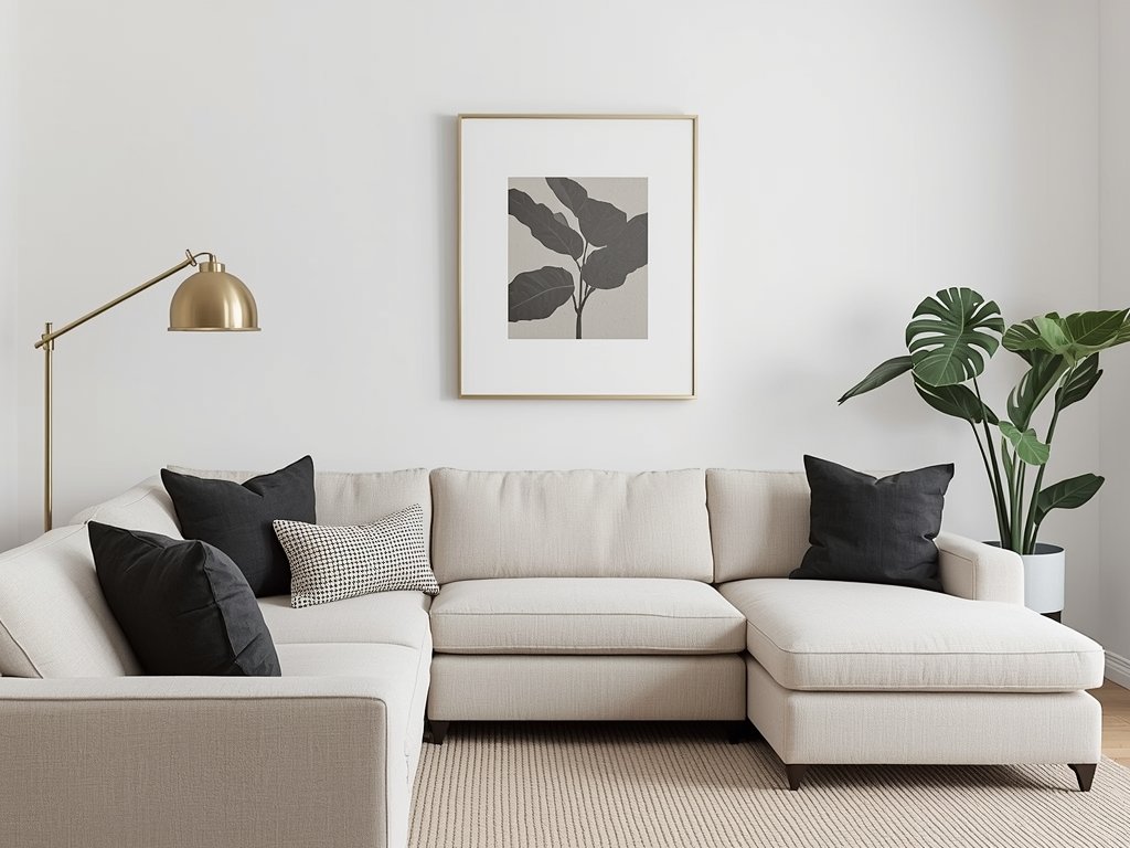 A neutral living room with a beige sectional, accented by