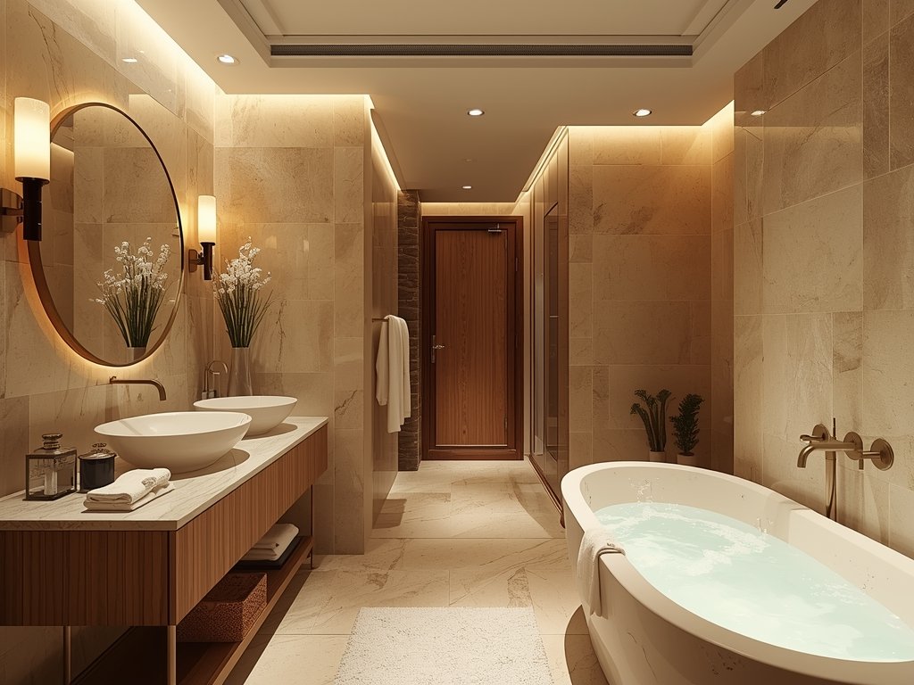 A perfectly designed spa bathroom with balanced decor, soft lighting,