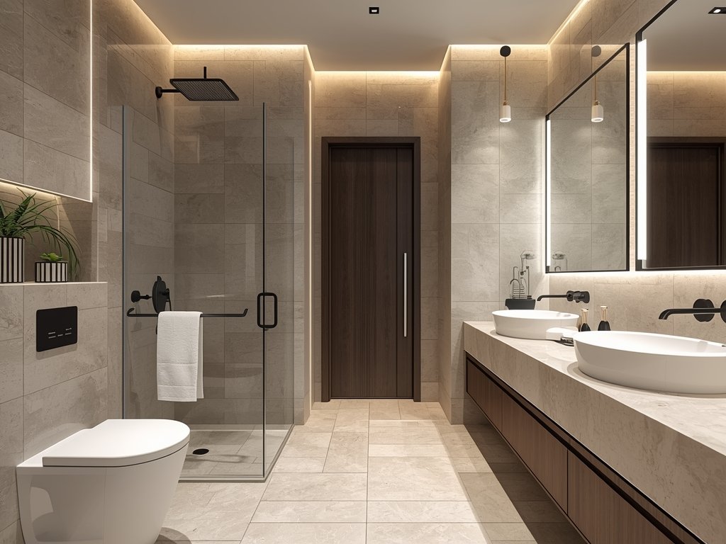 A perfectly executed modern bathroom with seamless tile work, coordinated