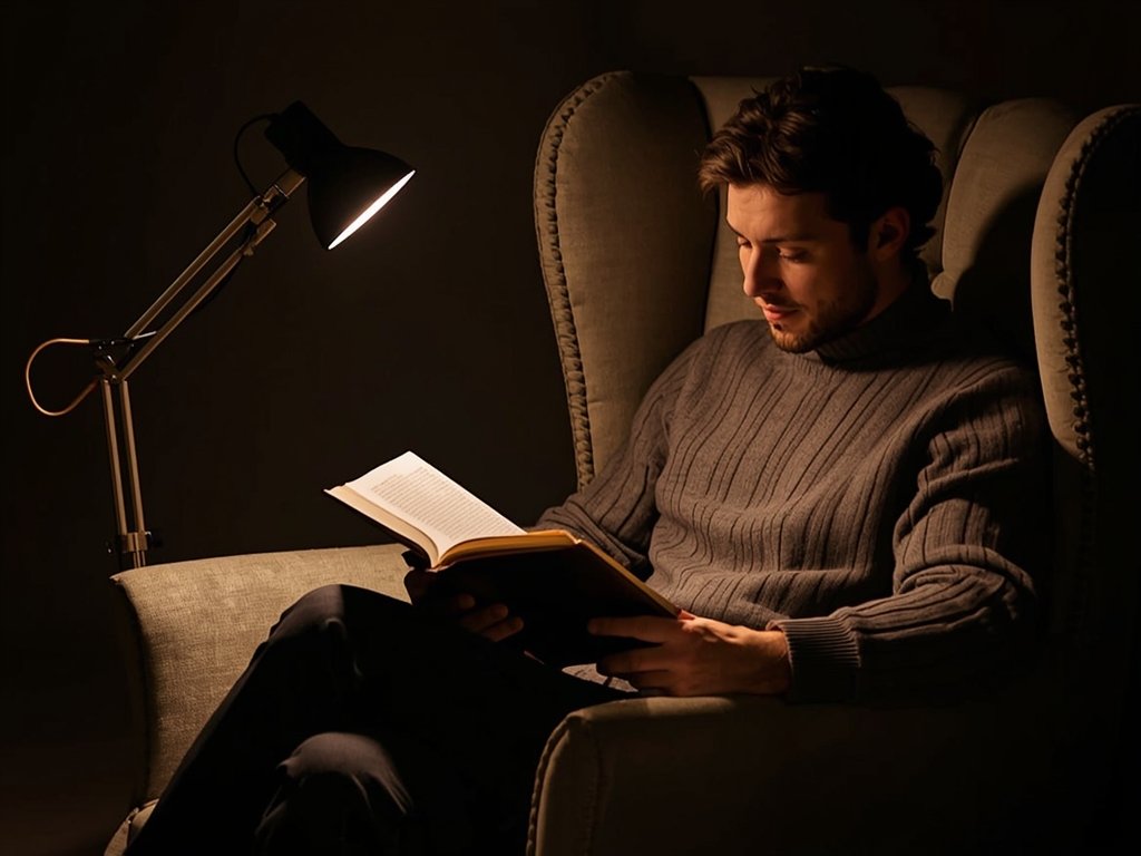 A person reading a book in a comfortable armchair, with