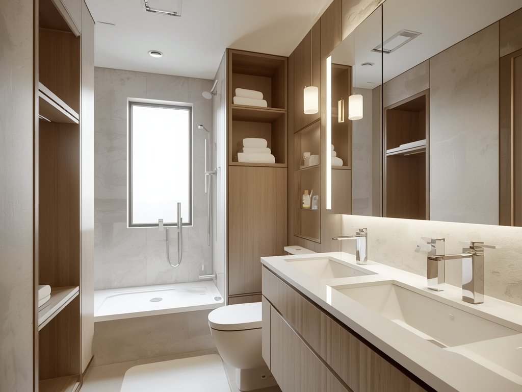 A photorealistic, cinematic image of a small bathroom with sleek,