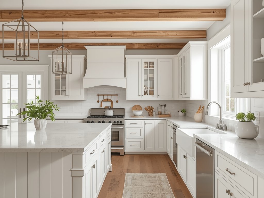 A photorealistic farmhouse kitchen with white shaker cabinets, reclaimed wood