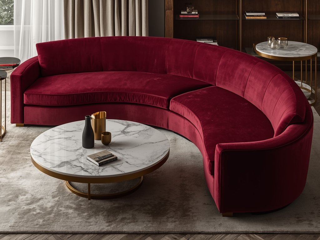 A photorealistic image of a bespoke, curved sectional sofa in
