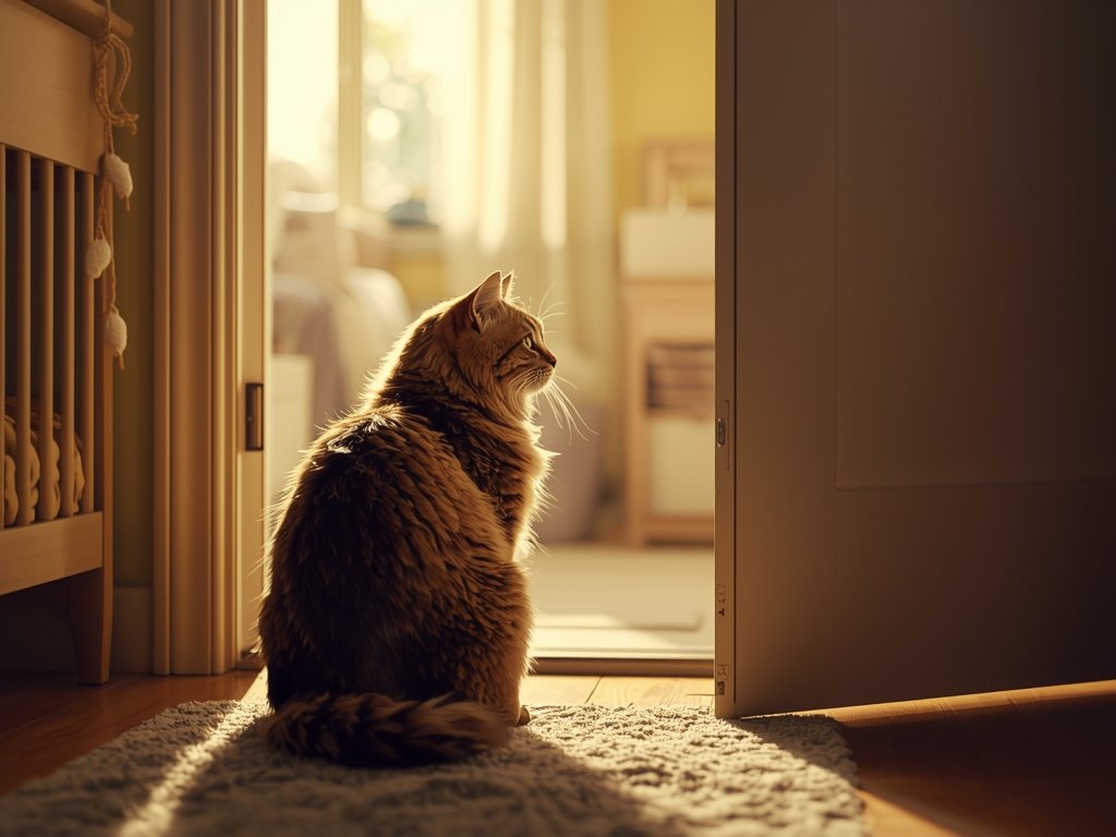A photorealistic image of a fluffy tabby cat sitting protectively