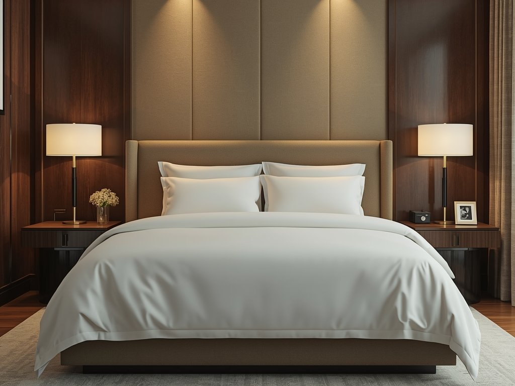 A photorealistic image of a modern hotel-style bedroom with a