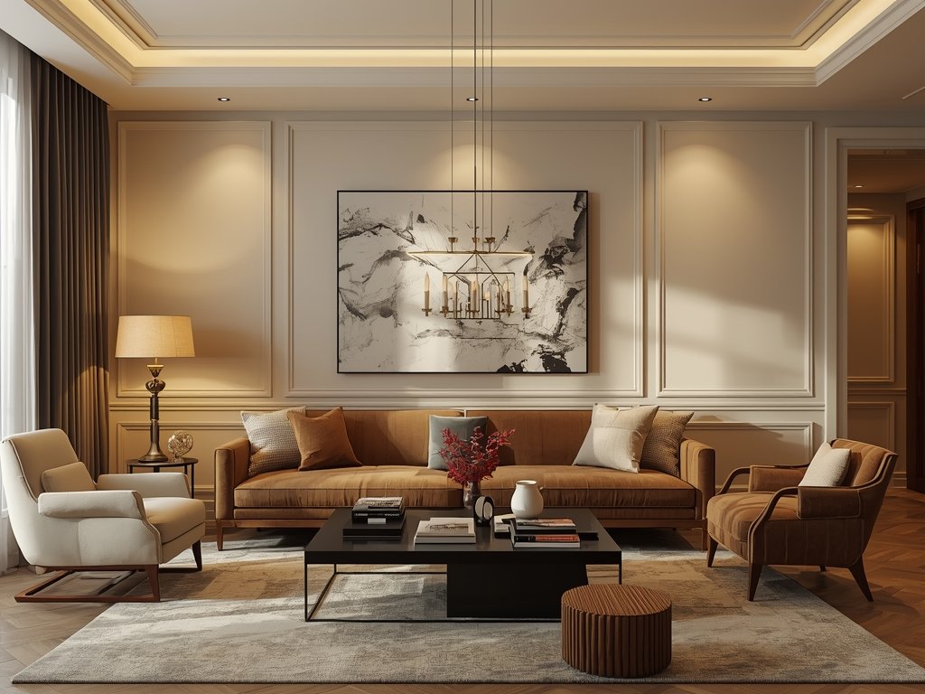 A photorealistic image of a modern living room with layered