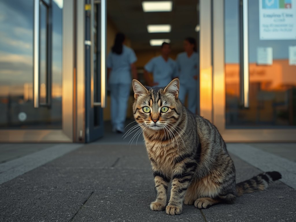 A photorealistic image of a scruffy tabby cat sitting outside