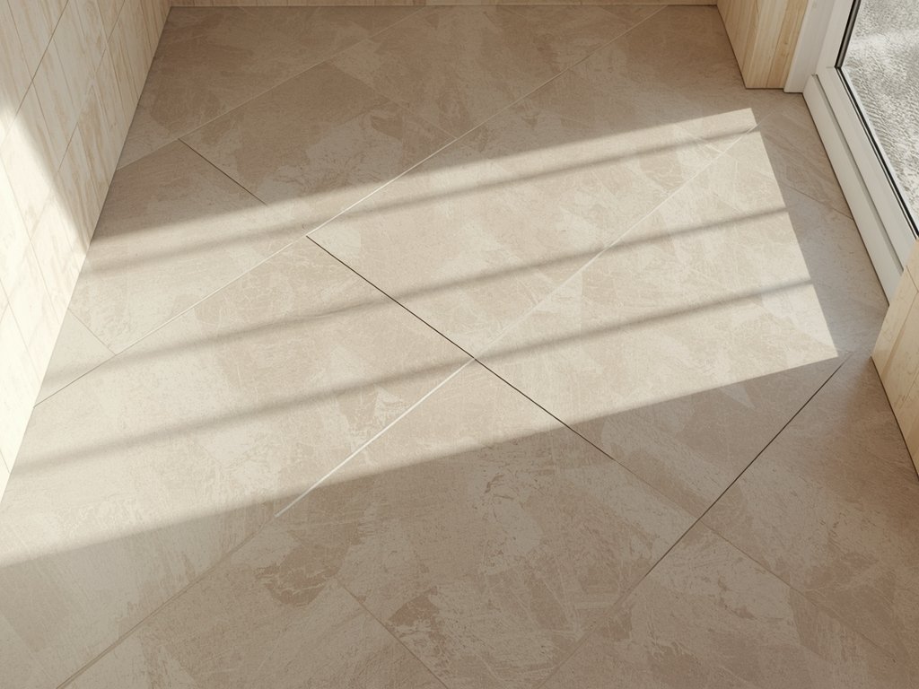 A photorealistic image of a small bathroom with large, light-colored