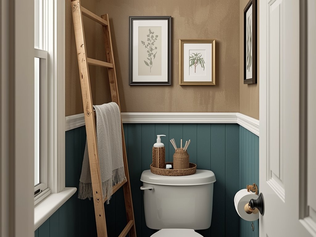 A photorealistic image of a small bathroom with DIY touches: