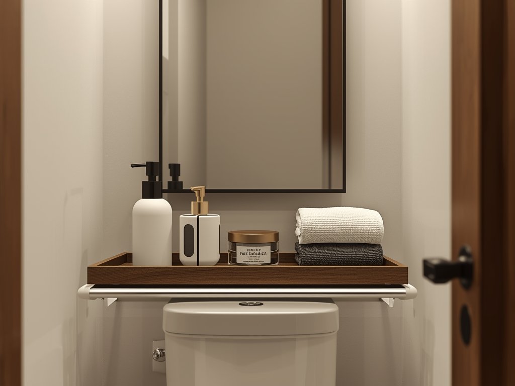 A photorealistic image of a small bathroom with carefully curated