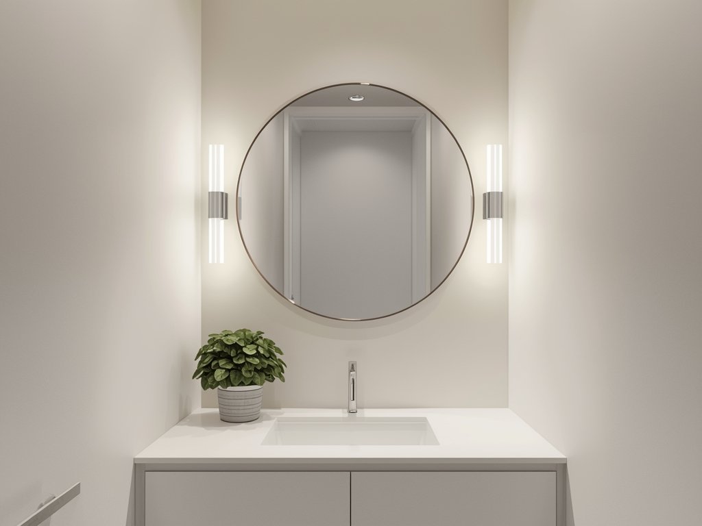 A photorealistic image of a small bathroom with white walls,