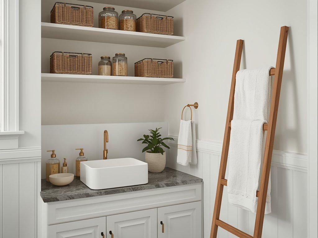 A photorealistic image of a small bathroom with built-in shelves,