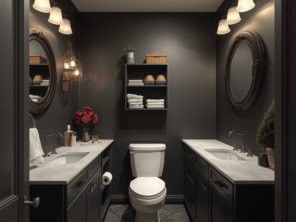 A photorealistic image of a small bathroom with common mistakes: