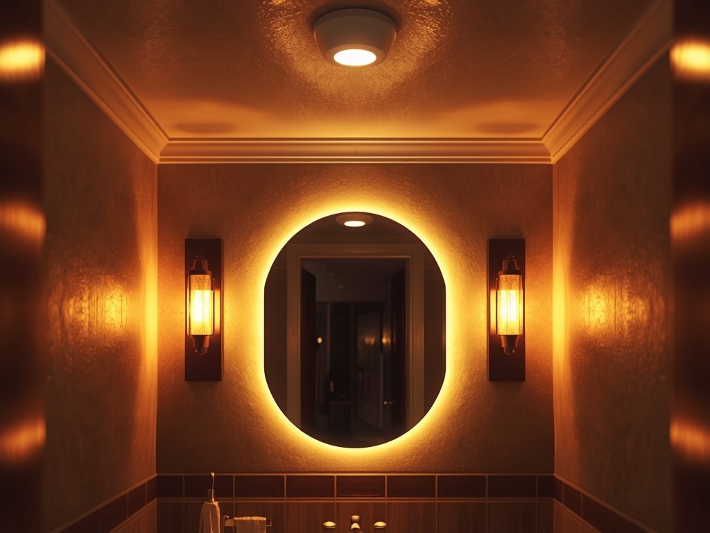 A photorealistic image of a small bathroom with layered lighting: