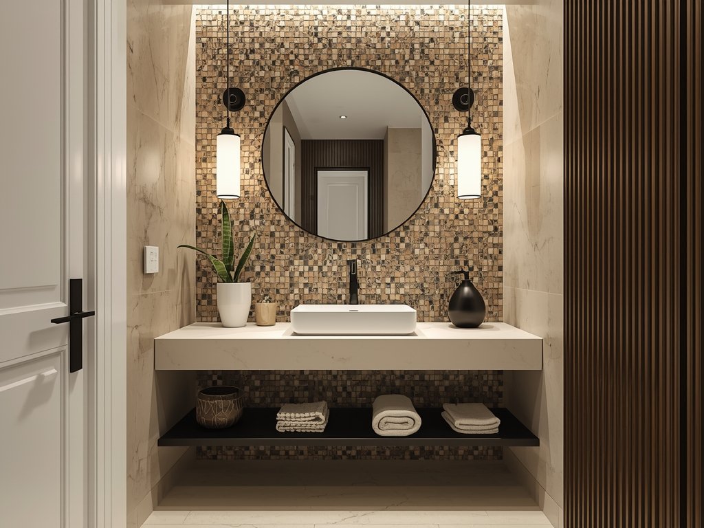 A photorealistic image of a small bathroom with pro-level details: