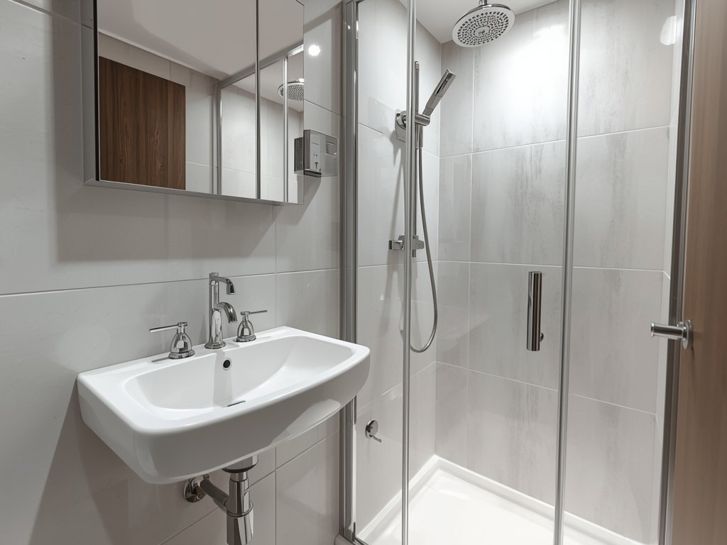 A photorealistic image of a small bathroom with a wall-mounted