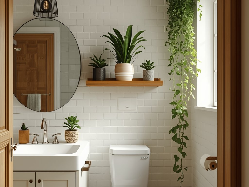 A photorealistic image of a small bathroom with a potted