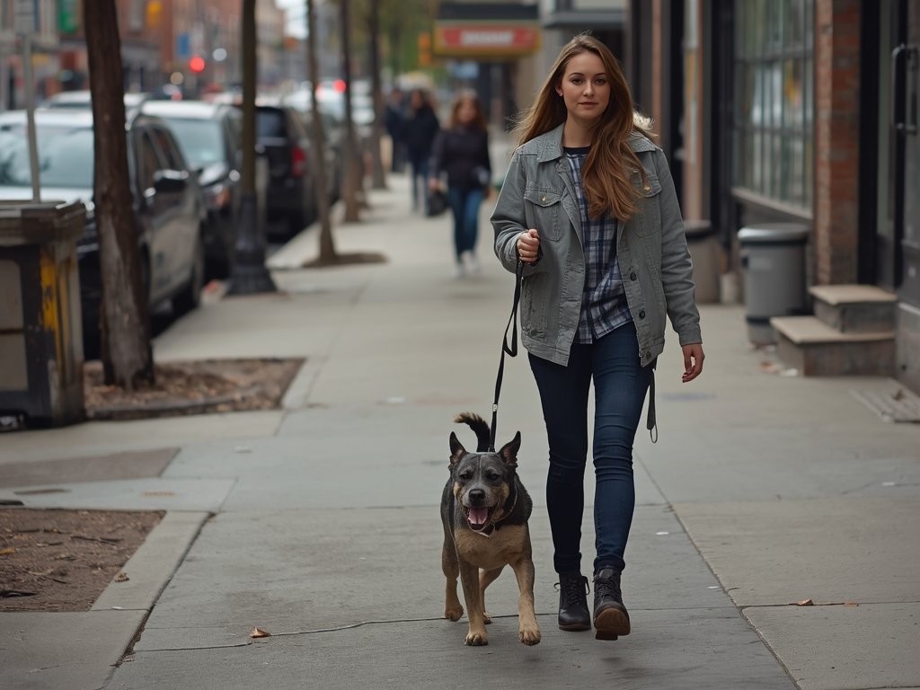 A photorealistic image of a young woman walking down a
