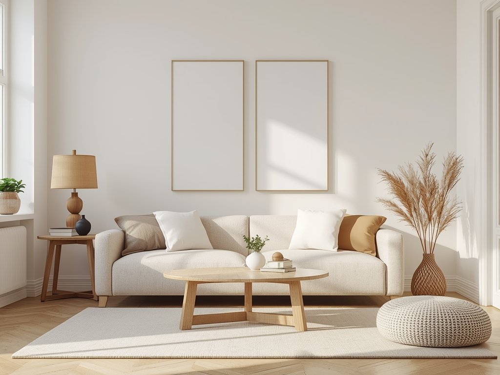 A photorealistic living room with neutral tones, featuring a beige