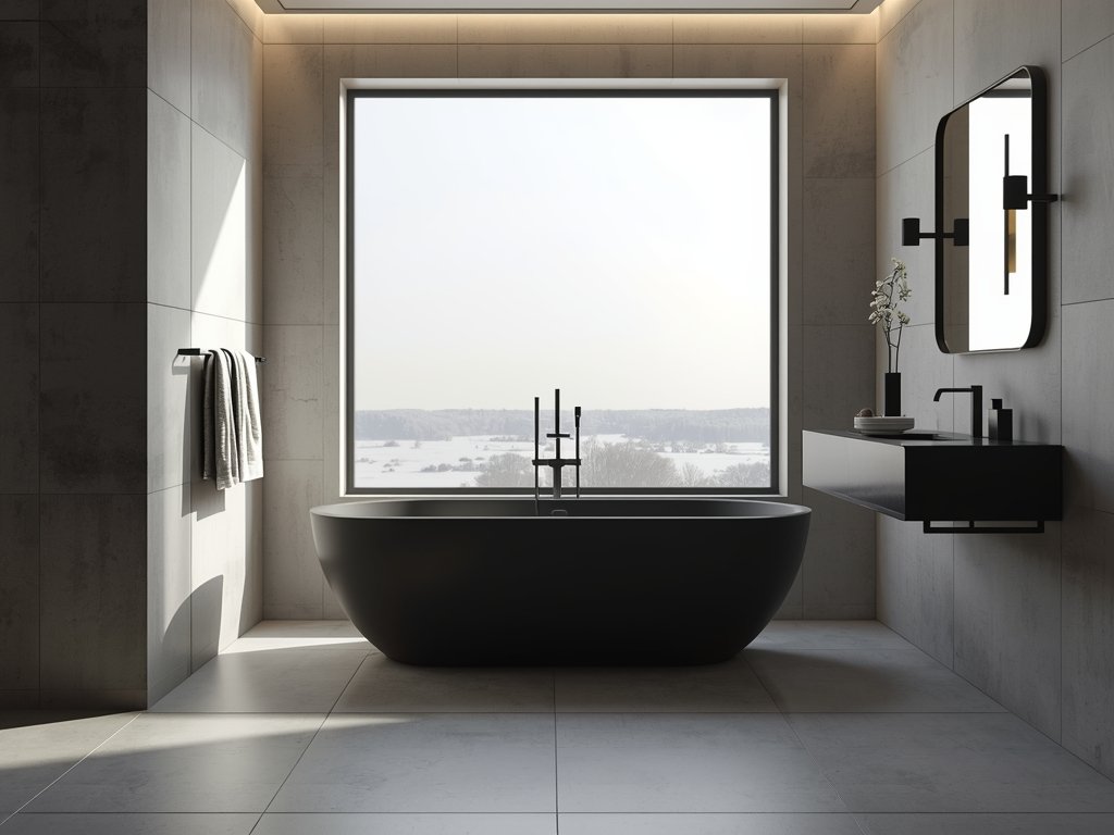 A photorealistic, modern bathroom with sleek lines, matte black fixtures,