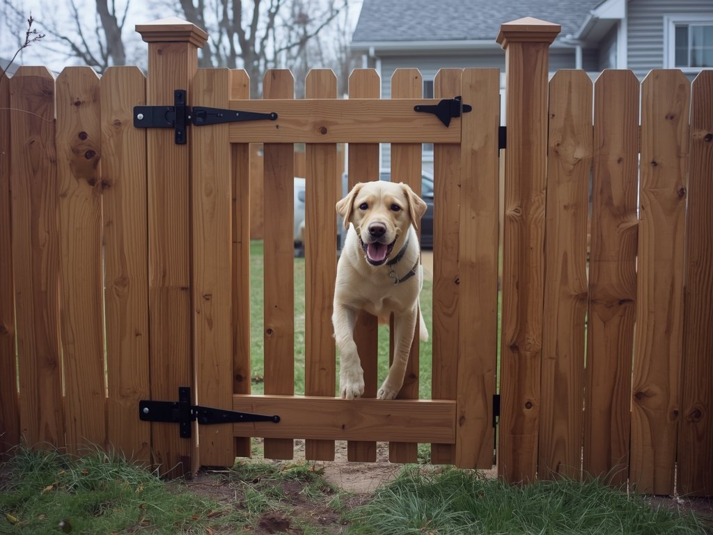 A playful dog, resembling a Labrador mix, squeezing through a