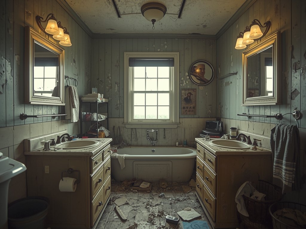 A poorly designed bathroom with cluttered countertops, mismatched fixtures, and