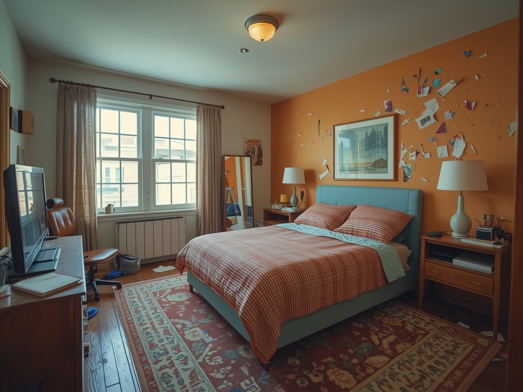 A poorly executed bedroom makeover with mismatched colors, cluttered surfaces,