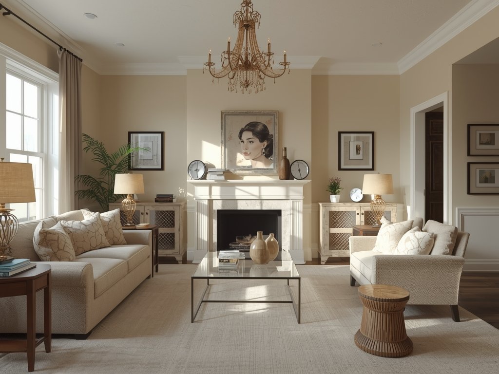 A poorly executed neutral living room with mismatched beige tones,