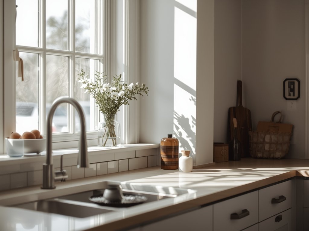 A pristine kitchen counter with minimal items, soft natural light