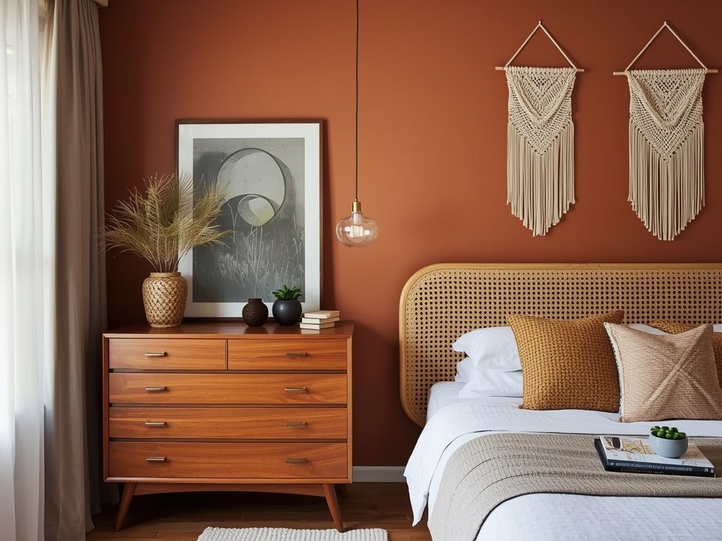 A retro-chic bedroom with a mid-century modern dresser, a rattan