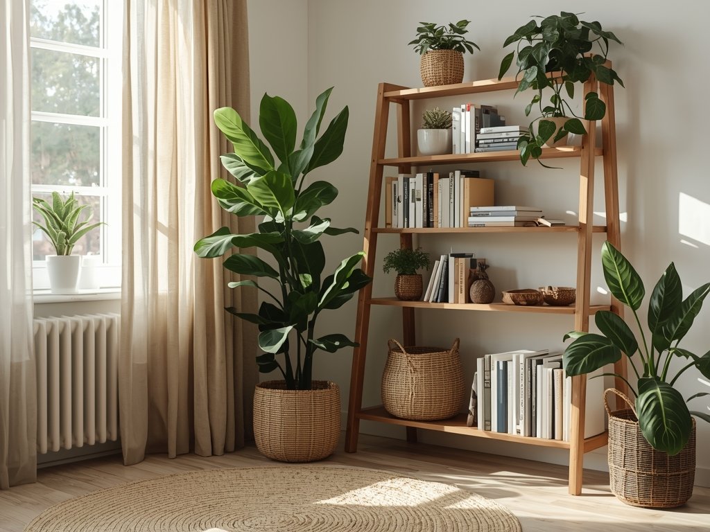 A Scandinavian living room with a large fiddle leaf fig