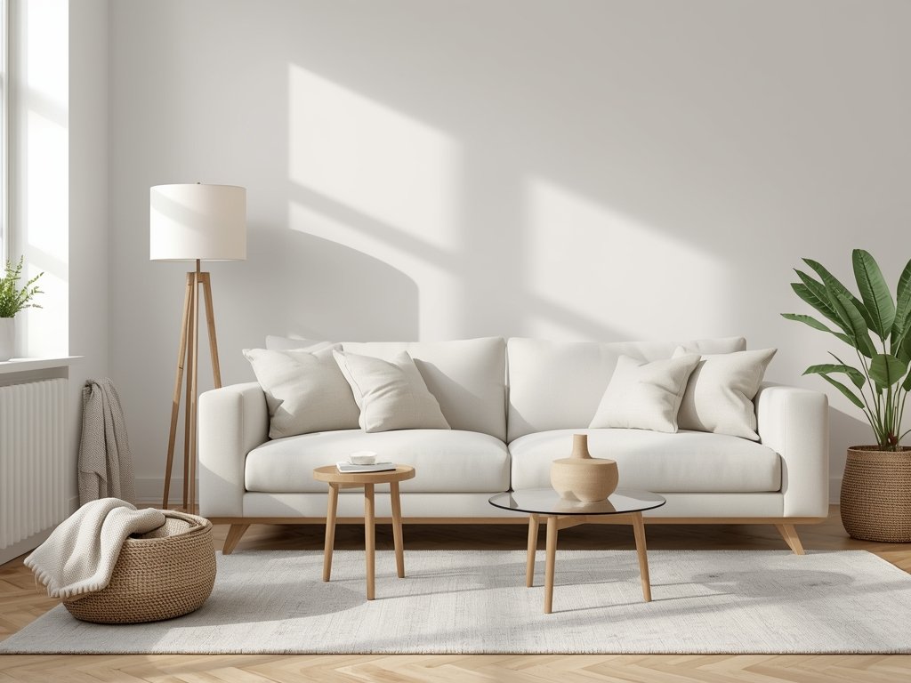 A Scandinavian living room with a sleek, white sofa, a