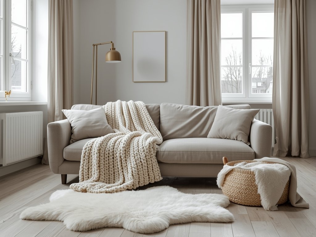 A Scandinavian living room with a chunky knit throw draped