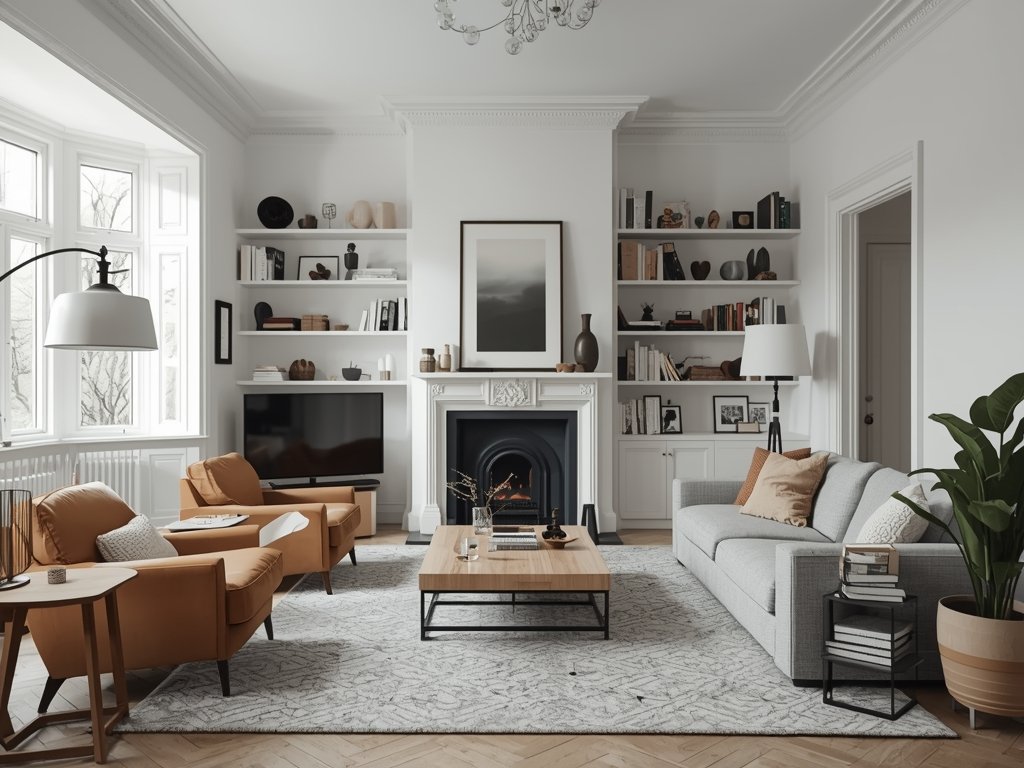 A Scandinavian living room with overly bright white walls, mismatched