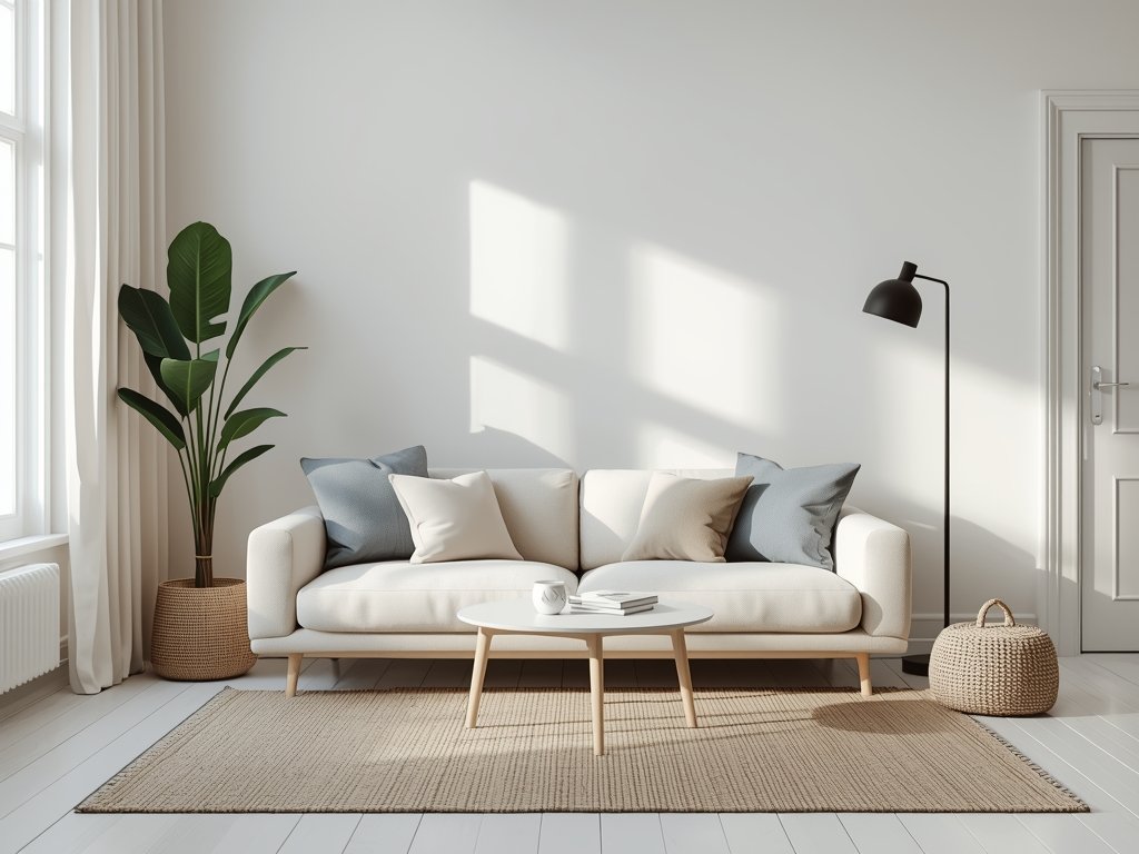 A Scandinavian living room with white walls, a light beige