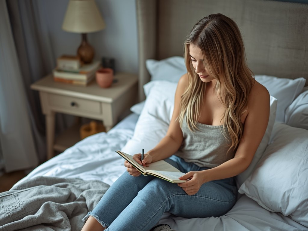 A serene bedroom scene with a woman sitting on her