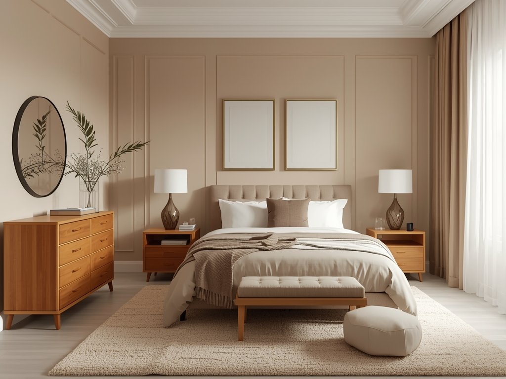 A serene bedroom with soft, neutral walls in shades of