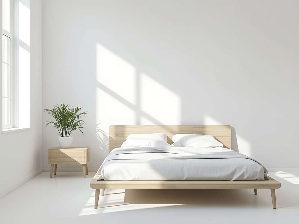 A serene, minimalist bedroom with crisp white walls, a low-profile