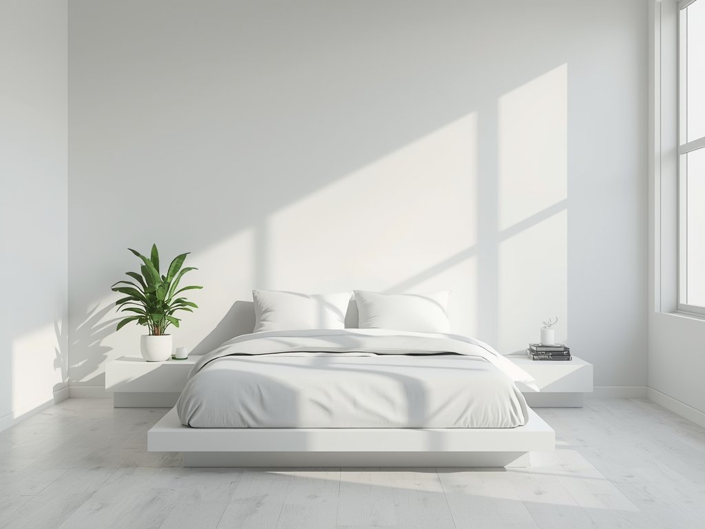 A serene, minimalist bedroom with white walls, a low-profile platform