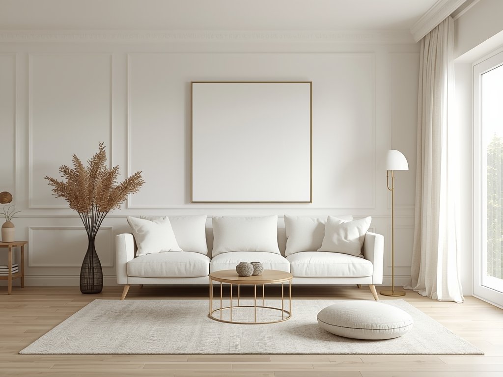 A serene, minimalist living room with neutral tones, clean lines,