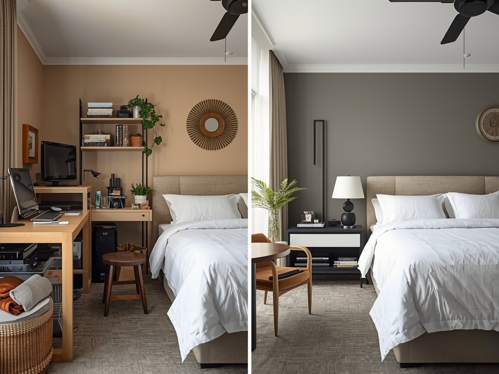 A side-by-side comparison of a cluttered, poorly lit bedroom and