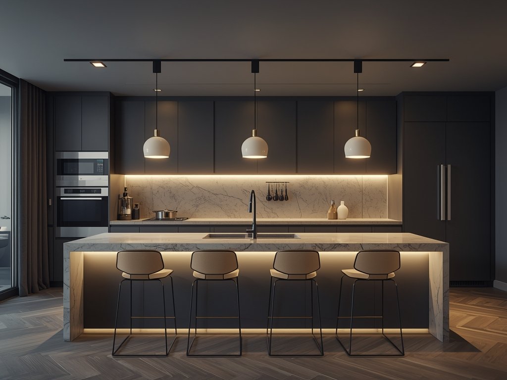 A sleek kitchen island with bar stools, a built-in sink,